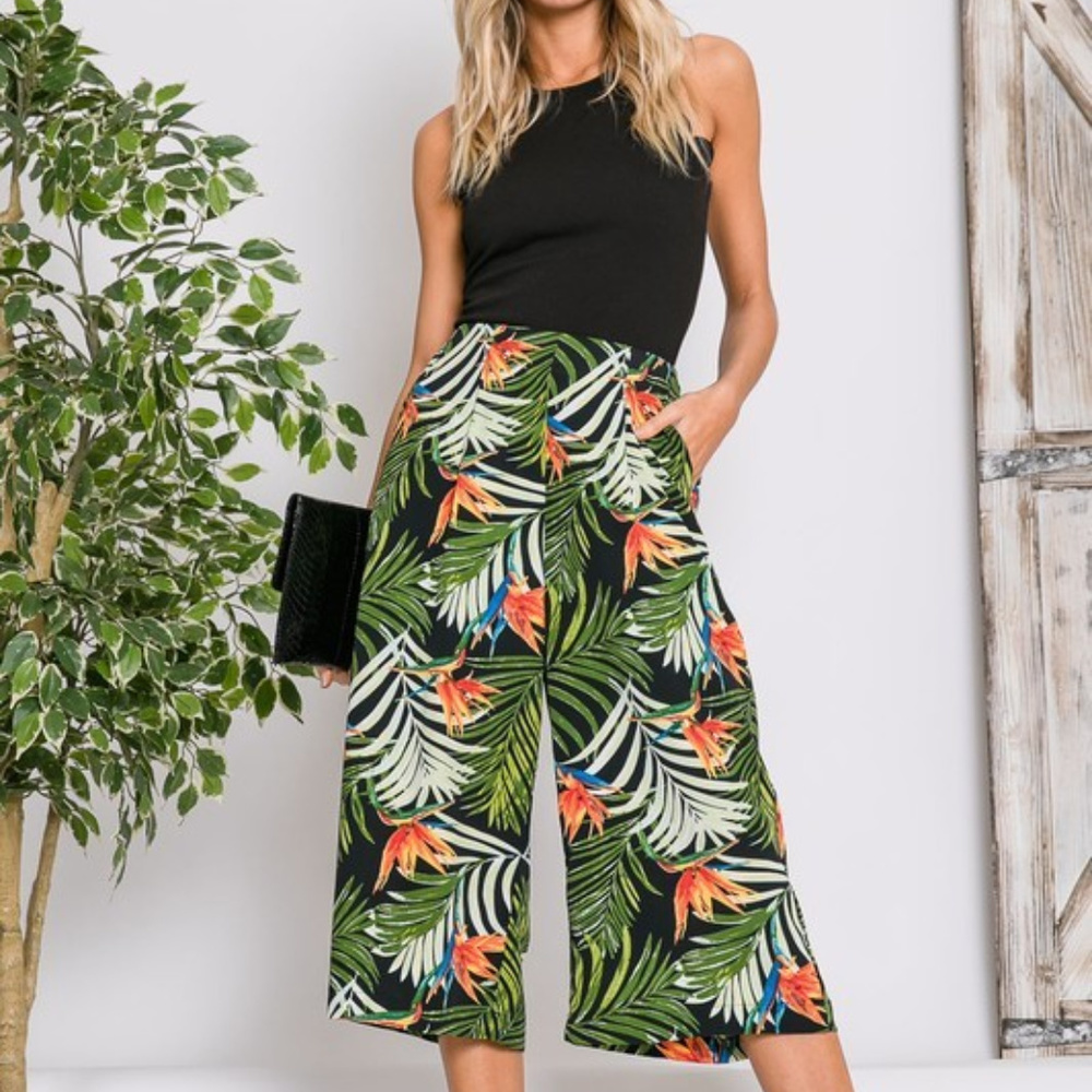 TROPICAL PALM LEAF PRINT WIDE LEG PANTS - Picture 2 of 4
